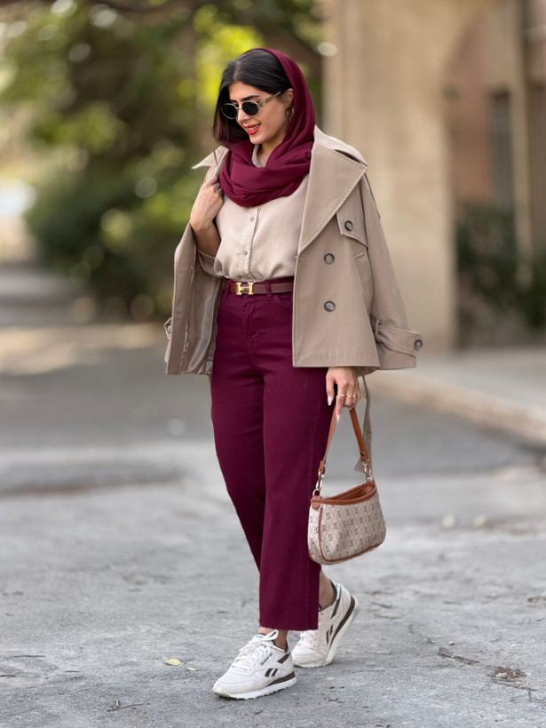 شلوار جین زنانه مدل کراپ استریت زرشکی کد 25398 قد ۹۰ پارچه کتان کبریتی کش